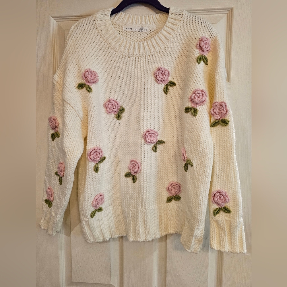 Altar'd State Cream Sweater with Pink Floral Embroidery